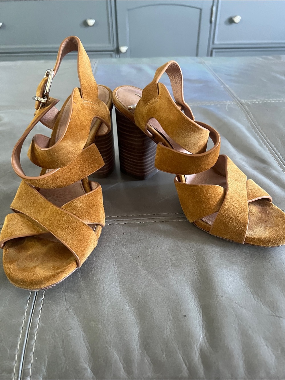ANTONIO MELANI Tan Suede Crisscross Block Heel Sandals